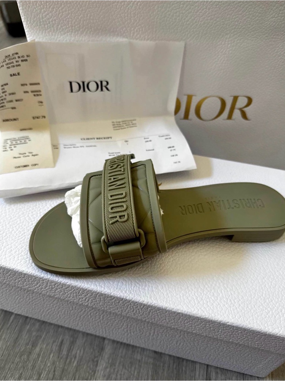 Dior Olive Green Women’s Slide Sandal with Branded Strap